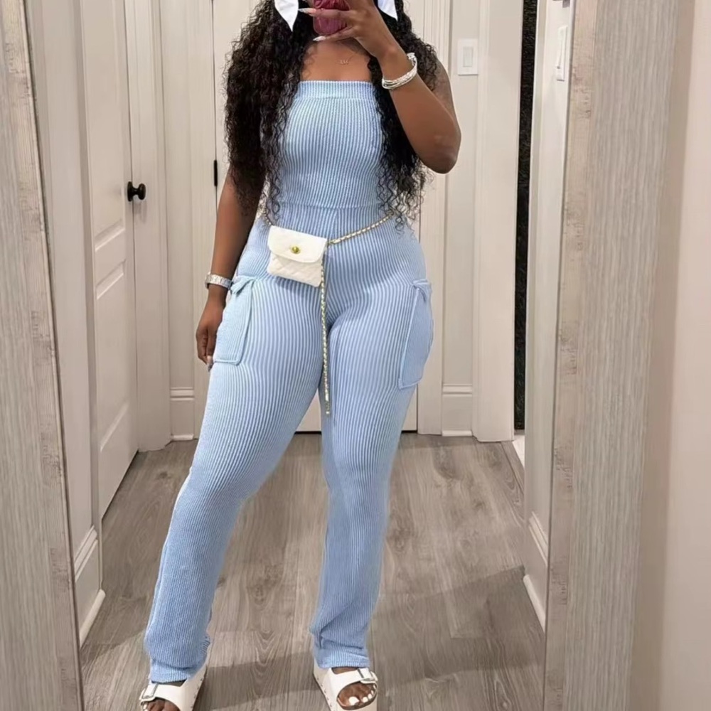 Women's Blue Ribbed Jumpsuit